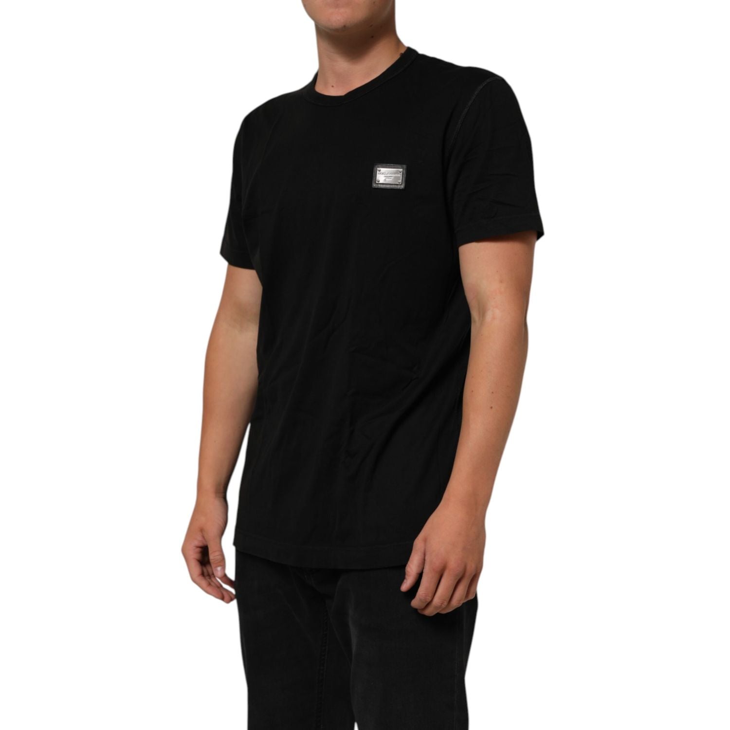 Dolce & Gabbana Black Logo Plaque Cotton Crew Neck T-shirt