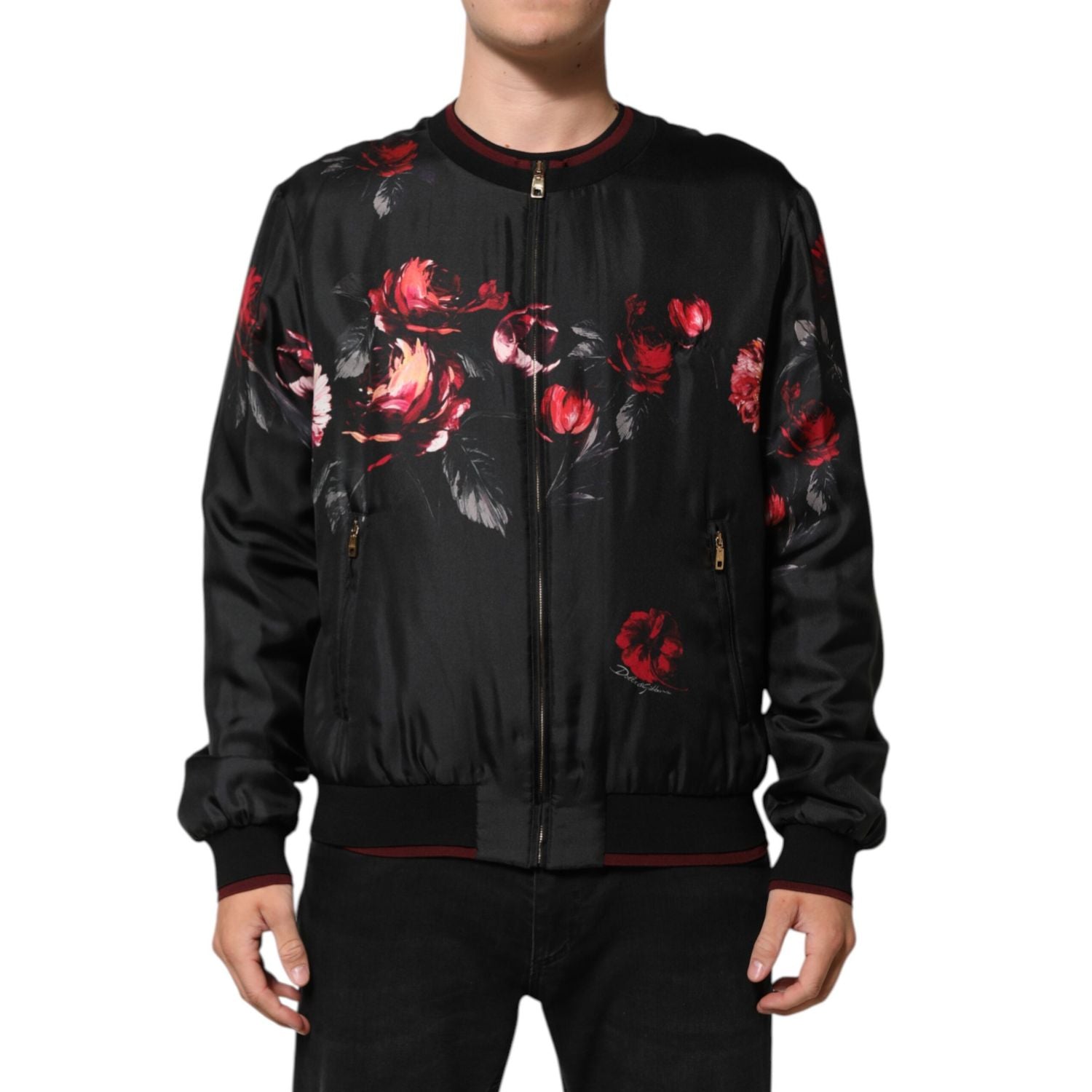 Dolce & Gabbana Black Red Floral Silk Bomber Blouson Jacket