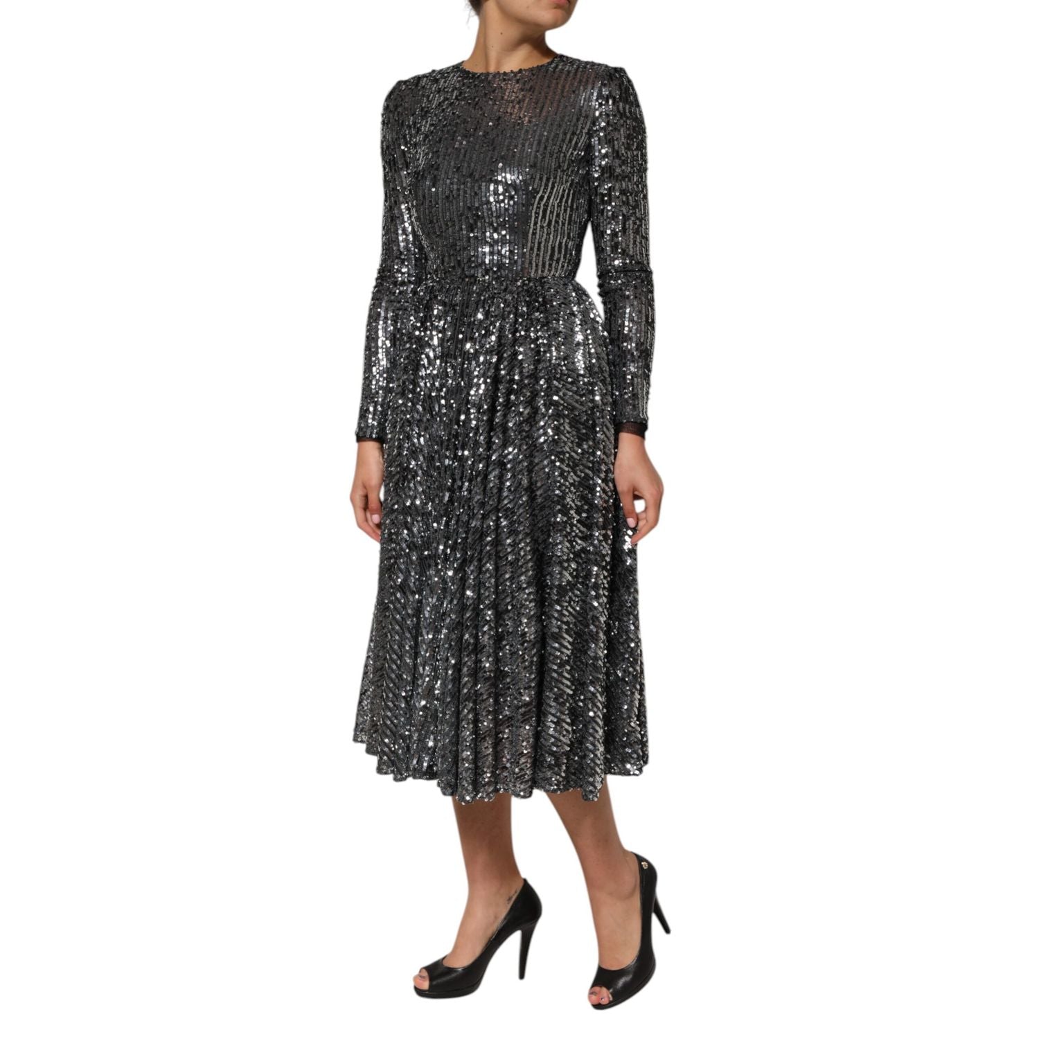 Dolce & Gabbana Black Sequined Long Sleeves Midi A-line  Dress