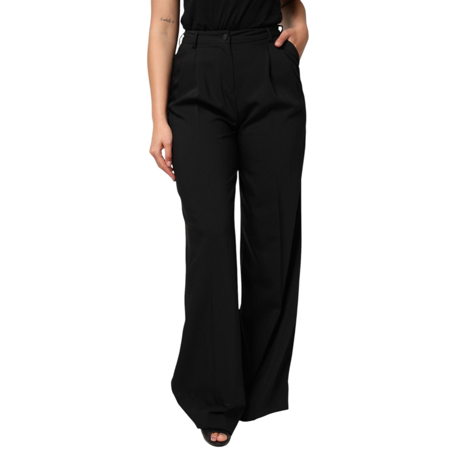 Dolce & Gabbana Black Wool High Waist Wide Leg Pants