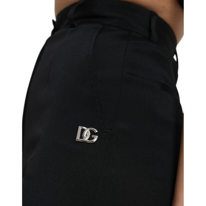 Dolce & Gabbana Black Wool Stretch High Waist Skinny Pants with logo detail, high comfort, and zipper closure, made in Italy.