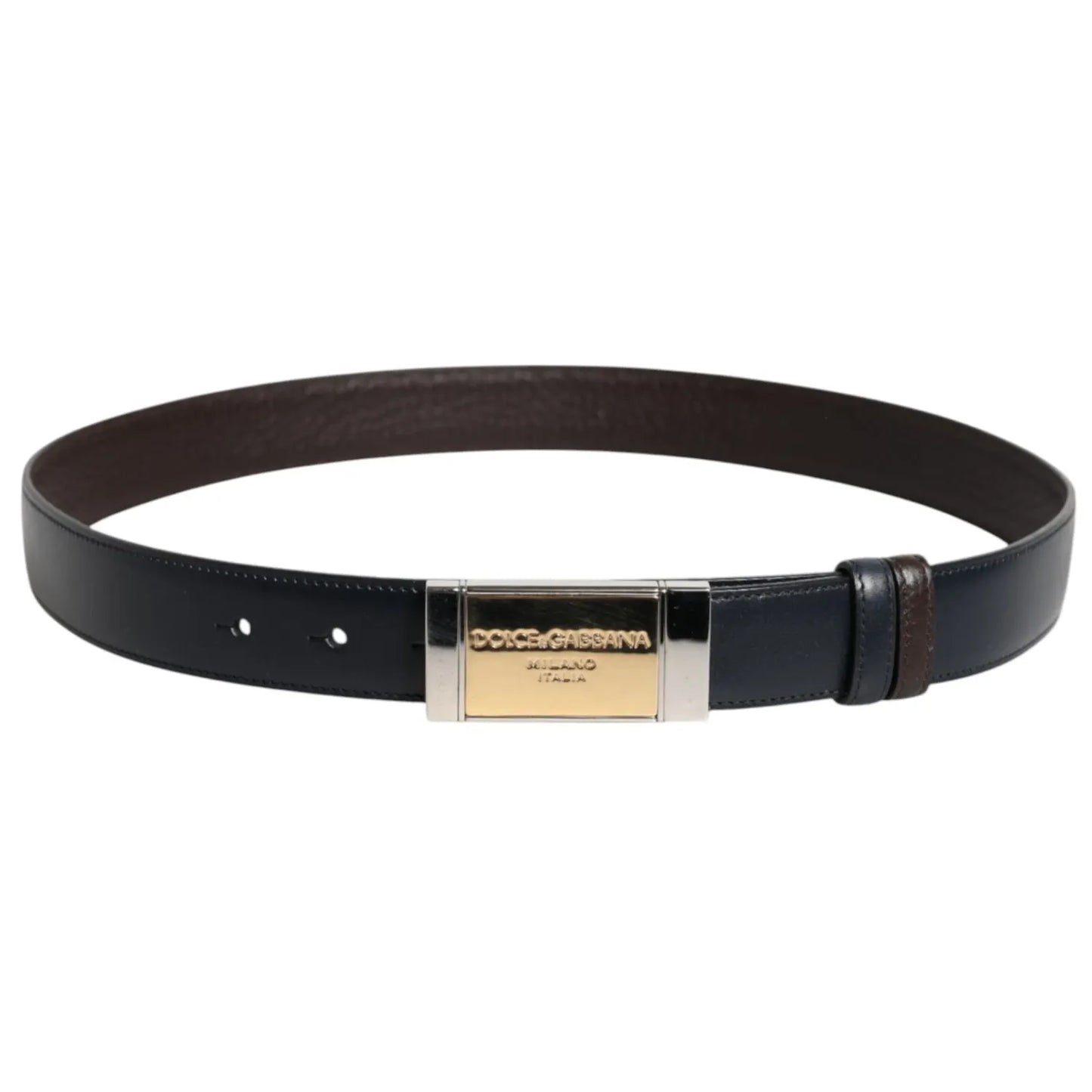Dolce & Gabbana Blue Brown Leather Buckle Reversible Belt with gold-silver metal buckle, high-quality leather, made in Italy.