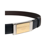 Dolce & Gabbana Blue Brown Leather Buckle Reversible Belt with gold and silver metal buckle and logo detail.