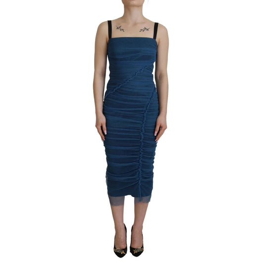 Dolce & Gabbana Blue Mesh Trim Ruched Tulle Sheath Dress, sleeveless midi bodycon with zipper closure and logo detail