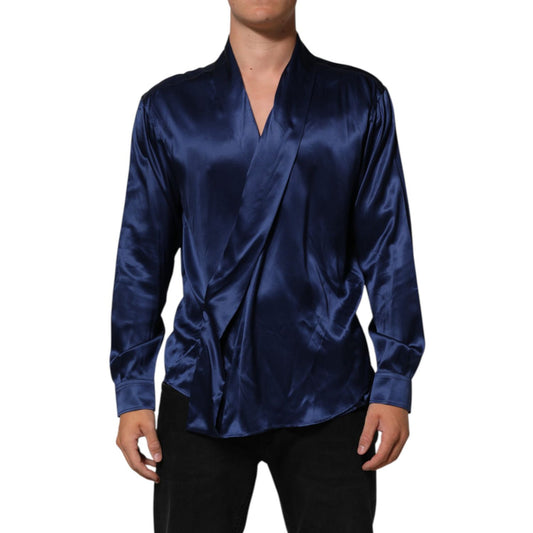 Dolce & Gabbana Blue Oversize Silk Satin Long Sleeves Shirt