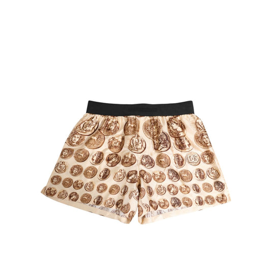 Dolce & Gabbana Brown Ancient Coin Print Silk Shorts Swimwear with elastic waistband and luxury design for men