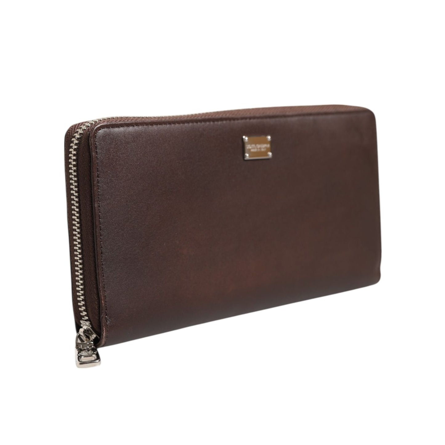 Dolce & Gabbana Brown Calfskin Leather Logo Zip Around Continental Wallet with minor scratches, showing zipper and logo detail.
