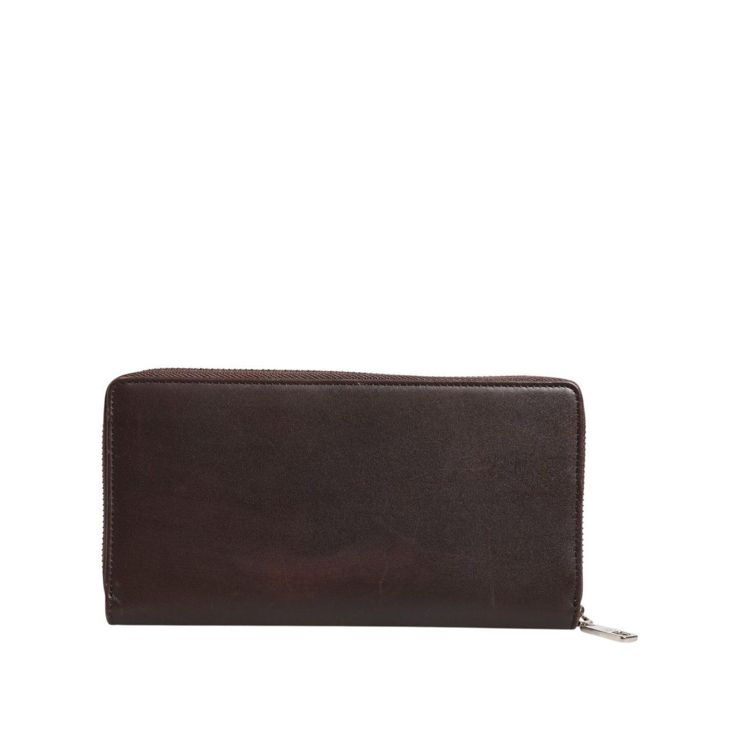 Dolce & Gabbana Brown Calfskin Leather Logo Zip Around Continental Wallet with zipper closure and minor scratches.
