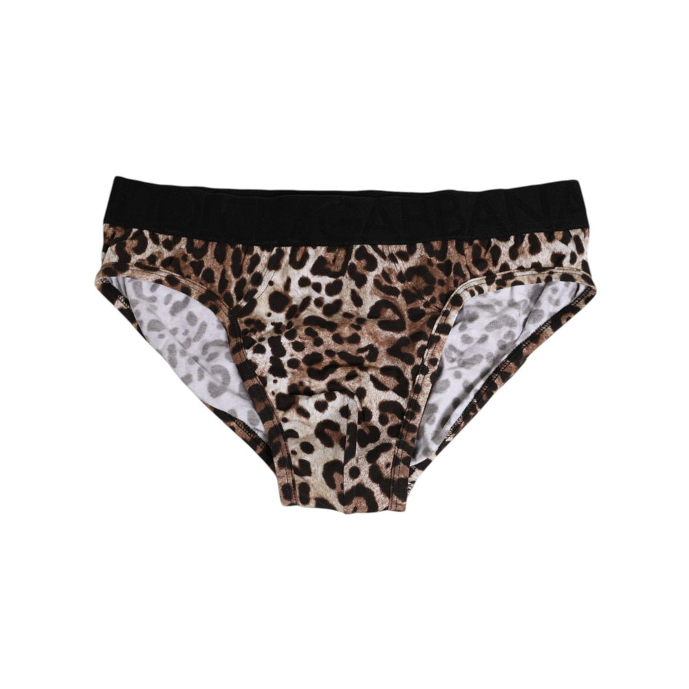 Dolce & Gabbana Brown Cotton Leopard Logo Midi Brief Underwear, stylish and comfortable briefs made in Italy from stretchy cotton blend.