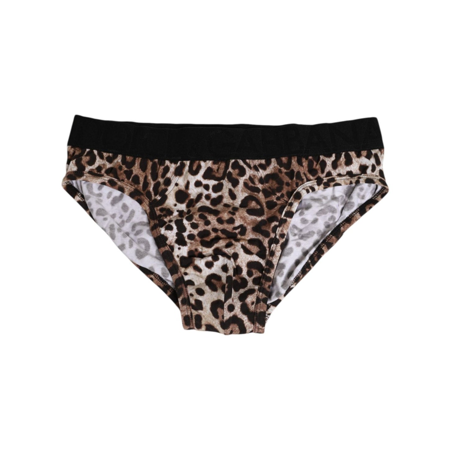 Dolce & Gabbana Brown Cotton Leopard Logo Midi Brief Underwear, luxurious Italian-made briefs offering comfort and style with elastic waistband.