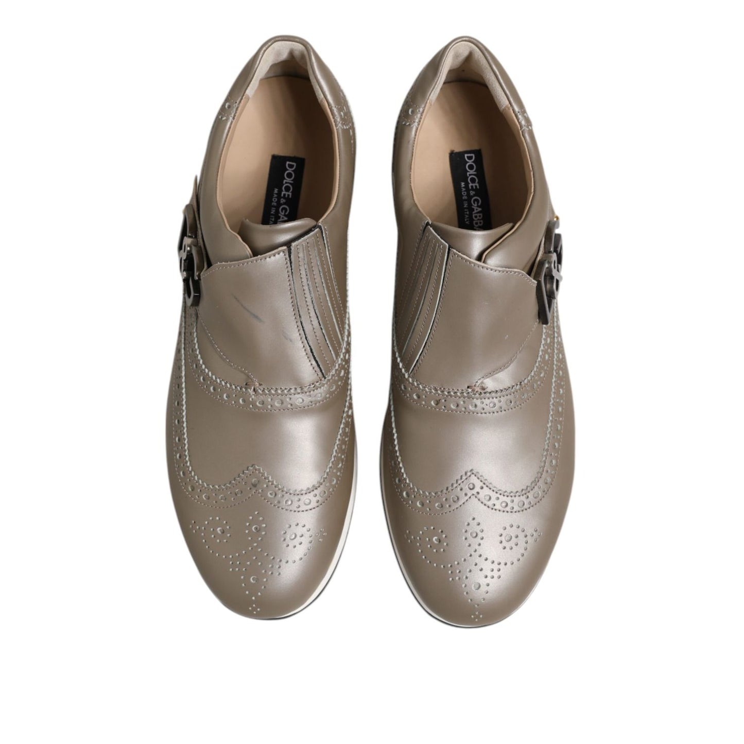 Dolce & Gabbana Brown Leather Men Low Top Sneakers Shoes with minor pen and glue marks, luxury Italian craftsmanship.