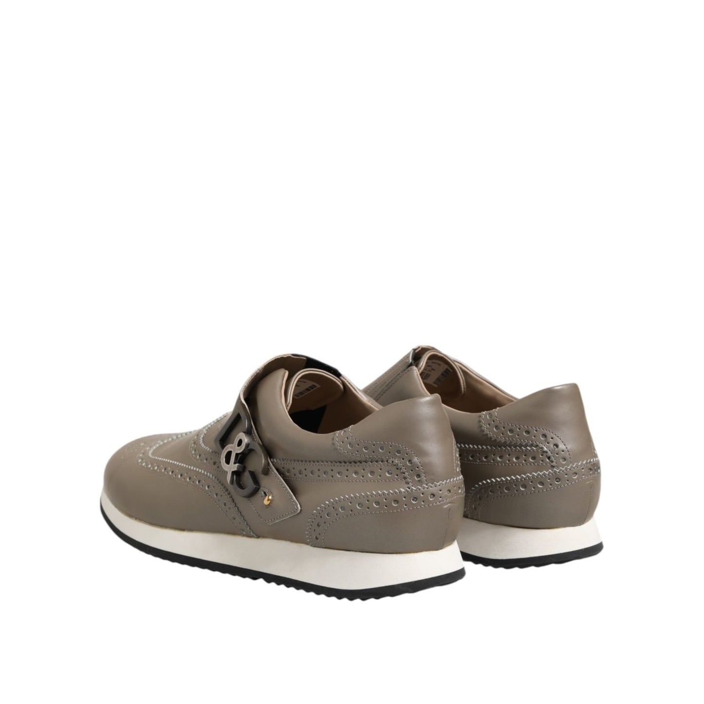 Dolce & Gabbana Brown Leather Men Low Top Sneakers Shoes, rear view of luxury calf leather sneakers with logo details and rubber soles.