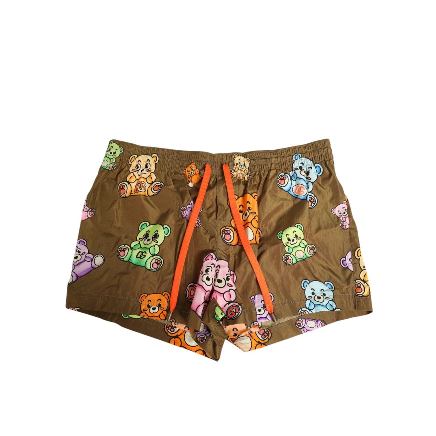 Dolce & Gabbana Brown Multicolor Teddy Bear Men Shorts Swimwear with playful teddy bear print and drawstring waist.