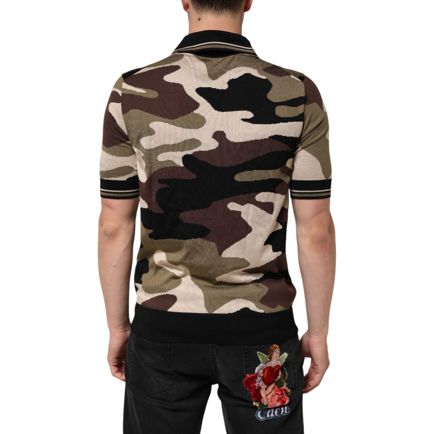 Dolce & Gabbana Camouflage Brown Silk Military Polo T-shirt
