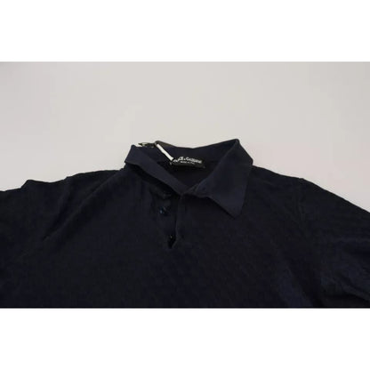 Dolce & Gabbana Dark Blue Collared Polo Casual Silk T-shirt with short sleeves and tag visible