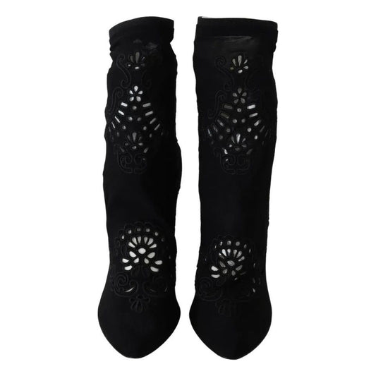 Dolce & Gabbana Black Stretch Pumps Boots Floral Lace Shoes LA8945-39