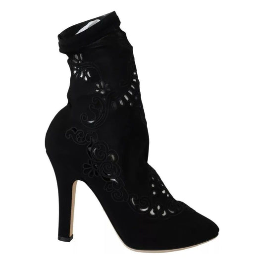 Dolce & Gabbana Black Stretch Pumps Boots Floral Lace Shoes LA8945-39