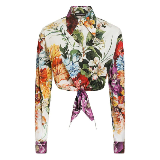 Dolce & Gabbana Floral print poplin shirt in light yellow with front button and self-tie fastening, featuring a vibrant flower cotton pattern.