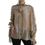 Dolce & Gabbana Gold Ascot Collar Ruffles Blouse Top in polyester and silk blend, featuring button closure and logo details, Made in Italy.