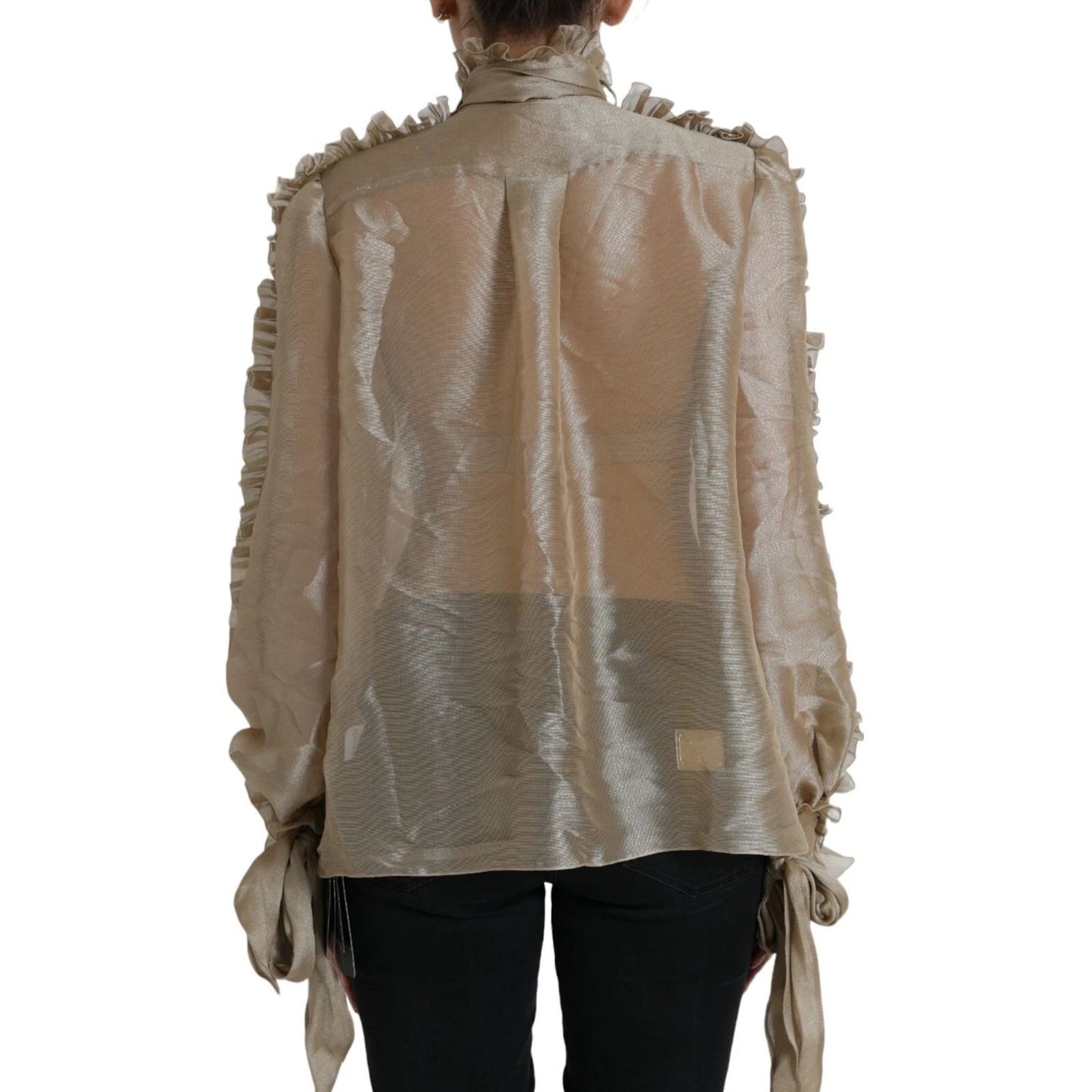 Dolce & Gabbana Gold Ascot Collar Ruffles Blouse Top with long sleeves and elegant ruffle details, rear view showing sheer fabric texture.
