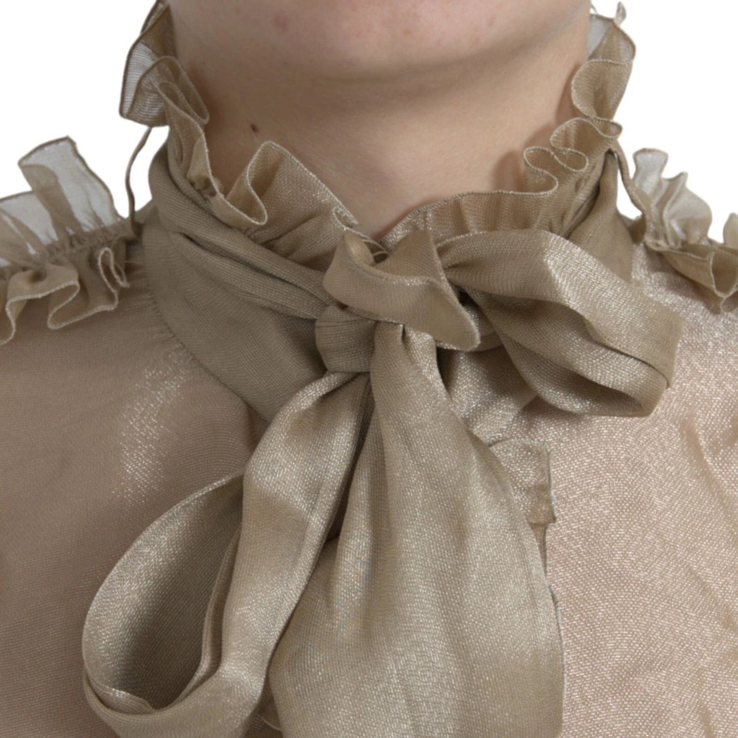 Dolce & Gabbana Gold Ascot Collar Ruffles Blouse Top with ruffle details and luxurious silk-blend fabric, close-up view