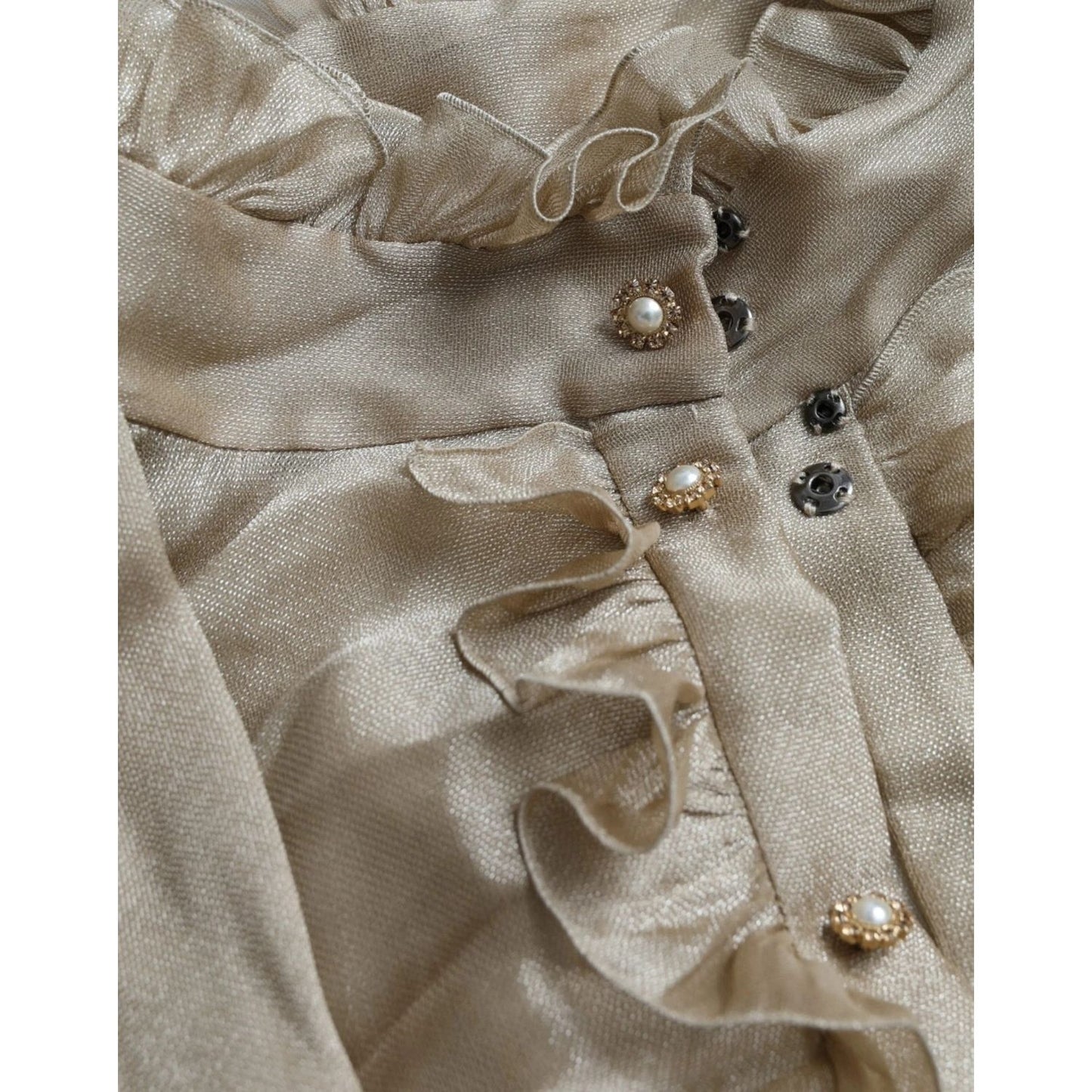 Dolce & Gabbana Gold Ascot Collar Ruffles Blouse Top with pearl button details, crafted from polyester blend silk, elegant fashion.
