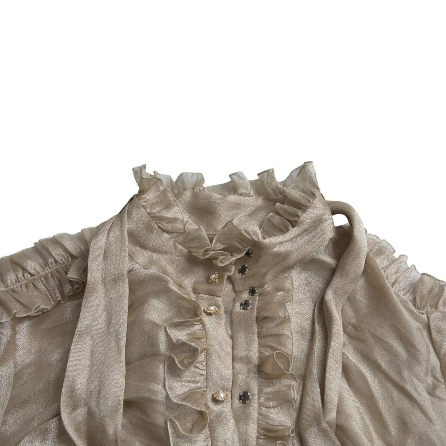Dolce & Gabbana Gold Ascot Collar Ruffles Blouse Top with button closure and logo details, made from polyester and silk blend.