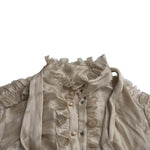 Dolce & Gabbana Gold Ascot Collar Ruffles Blouse Top with button closure and logo details, made from polyester and silk blend.