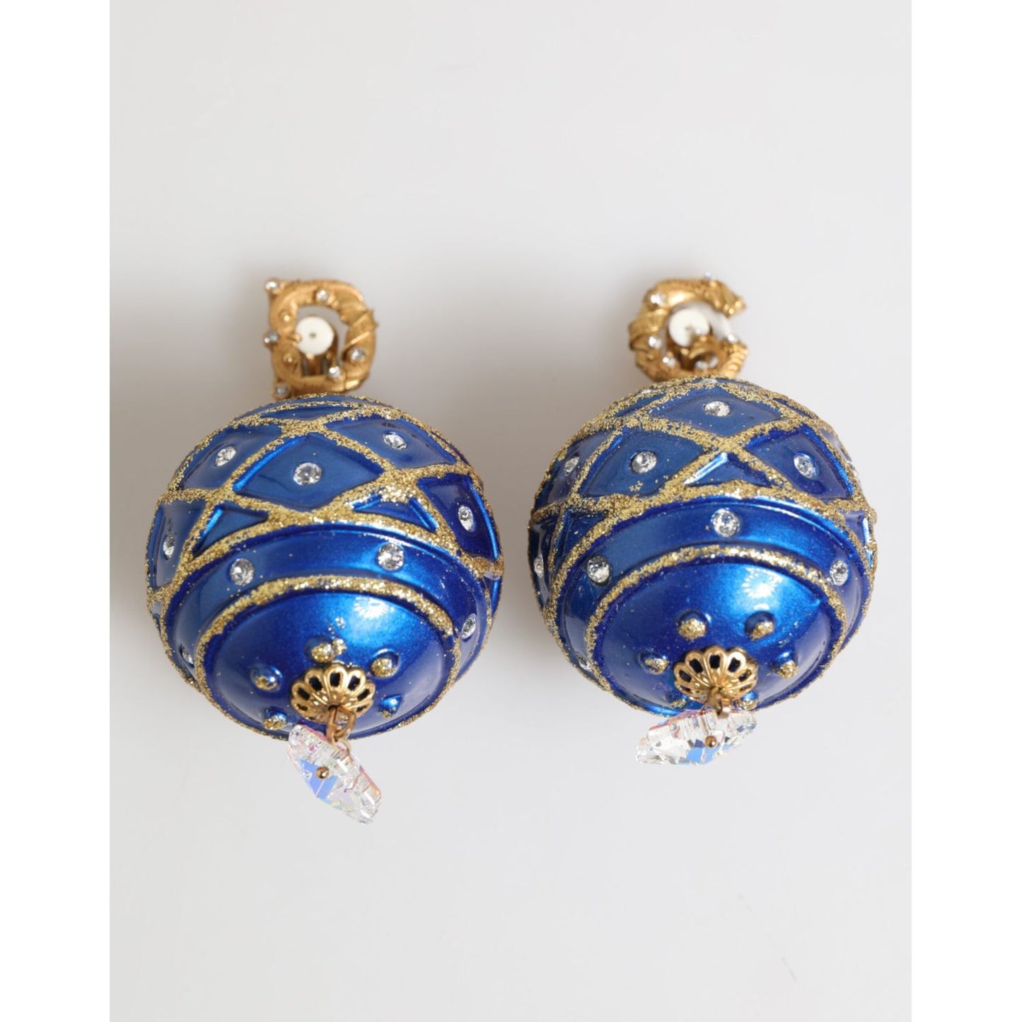 Dolce & Gabbana Gold Brass Blue Christmas Ball Crystal Drop Clip On Earrings with gold glitter and crystal embellishments.