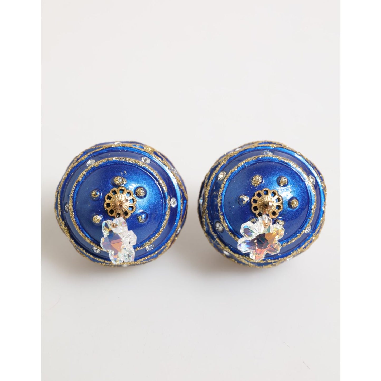 Dolce & Gabbana Gold Brass Blue Christmas Ball Crystal Drop Clip On Earrings with glitter and teardrop crystals