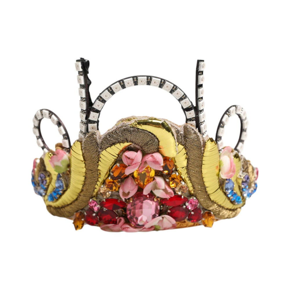 Dolce & Gabbana Gold Brass Crystal Embellished Headpiece Crown Tiara with multicolor crystals and floral appliqués