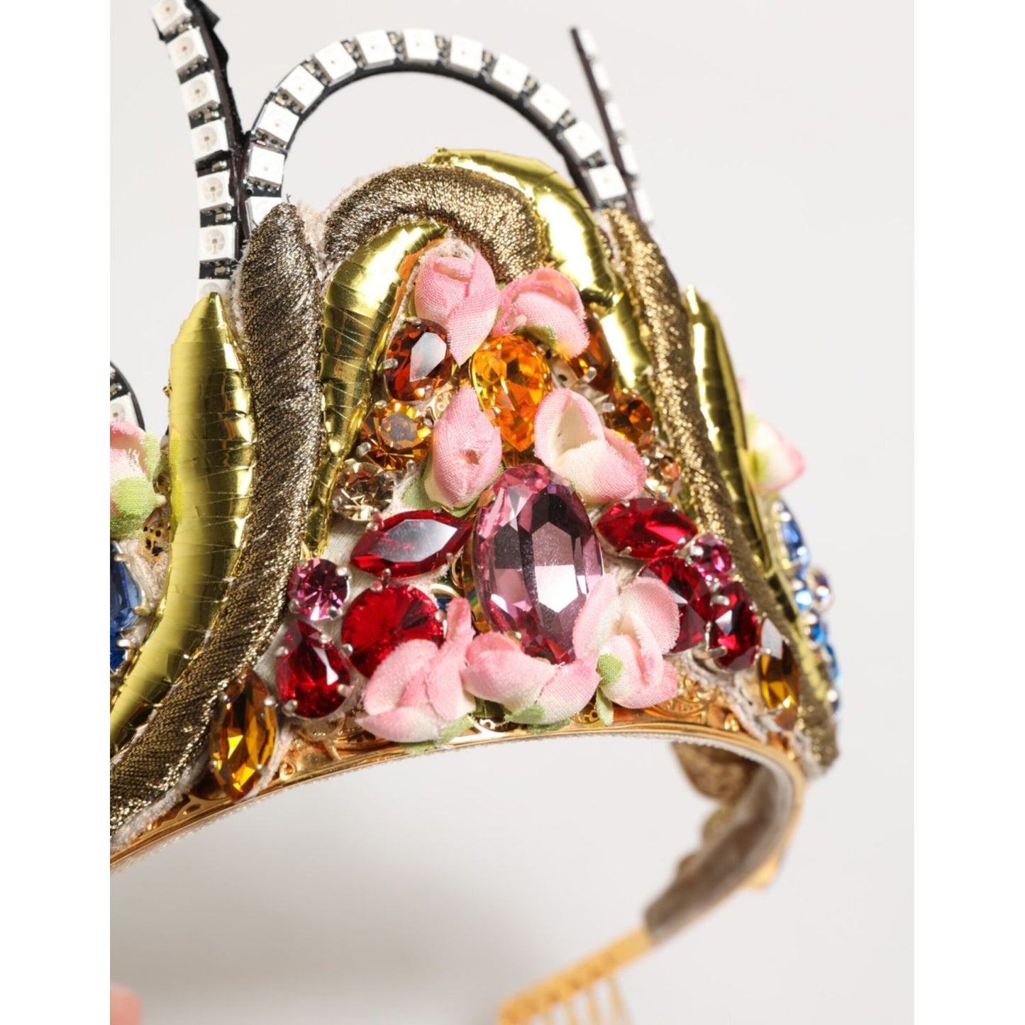 Dolce & Gabbana Gold Brass Crystal Embellished Headpiece Crown Tiara with multicolor crystals and floral appliqués, luxury accessory.