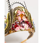 Dolce & Gabbana Gold Brass Crystal Embellished Headpiece Crown Tiara with multicolor crystals and floral appliqués, luxury accessory.