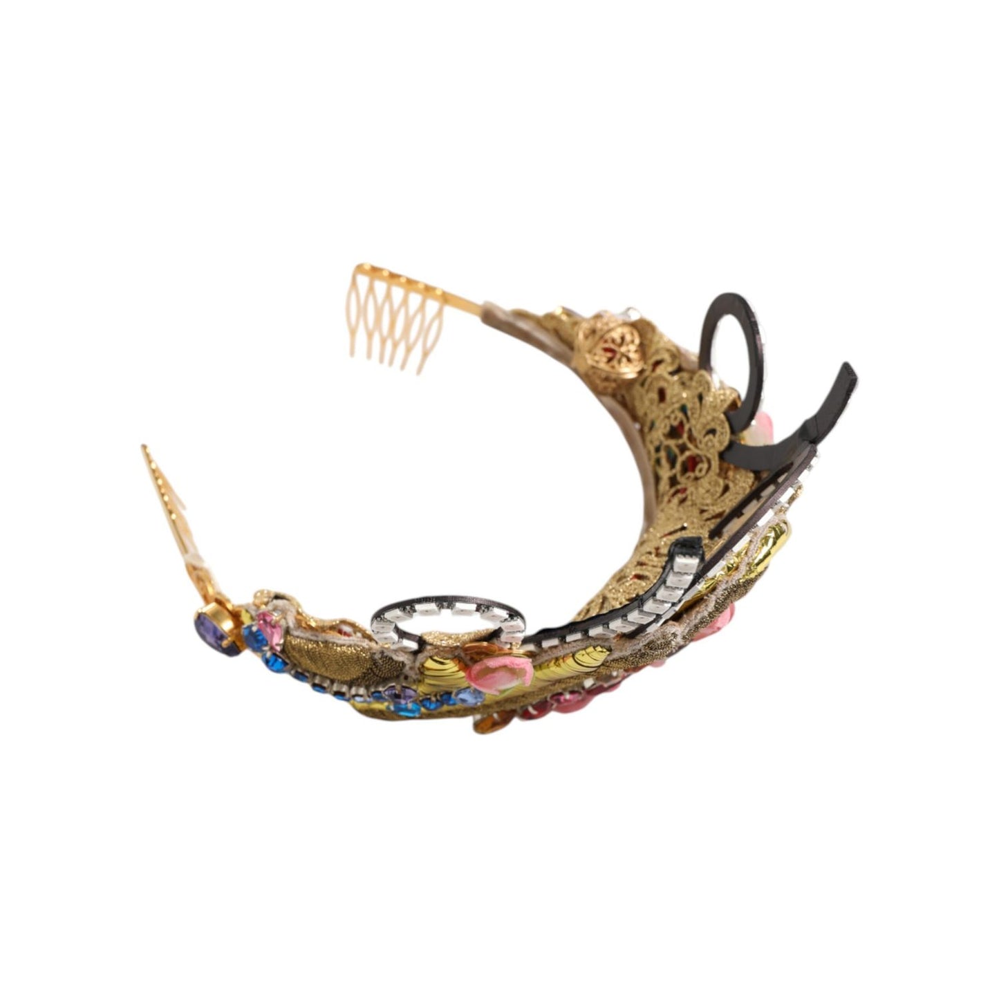Dolce & Gabbana Gold Brass Crystal Embellished Headpiece Crown Tiara with multicolor crystals and floral appliqués.