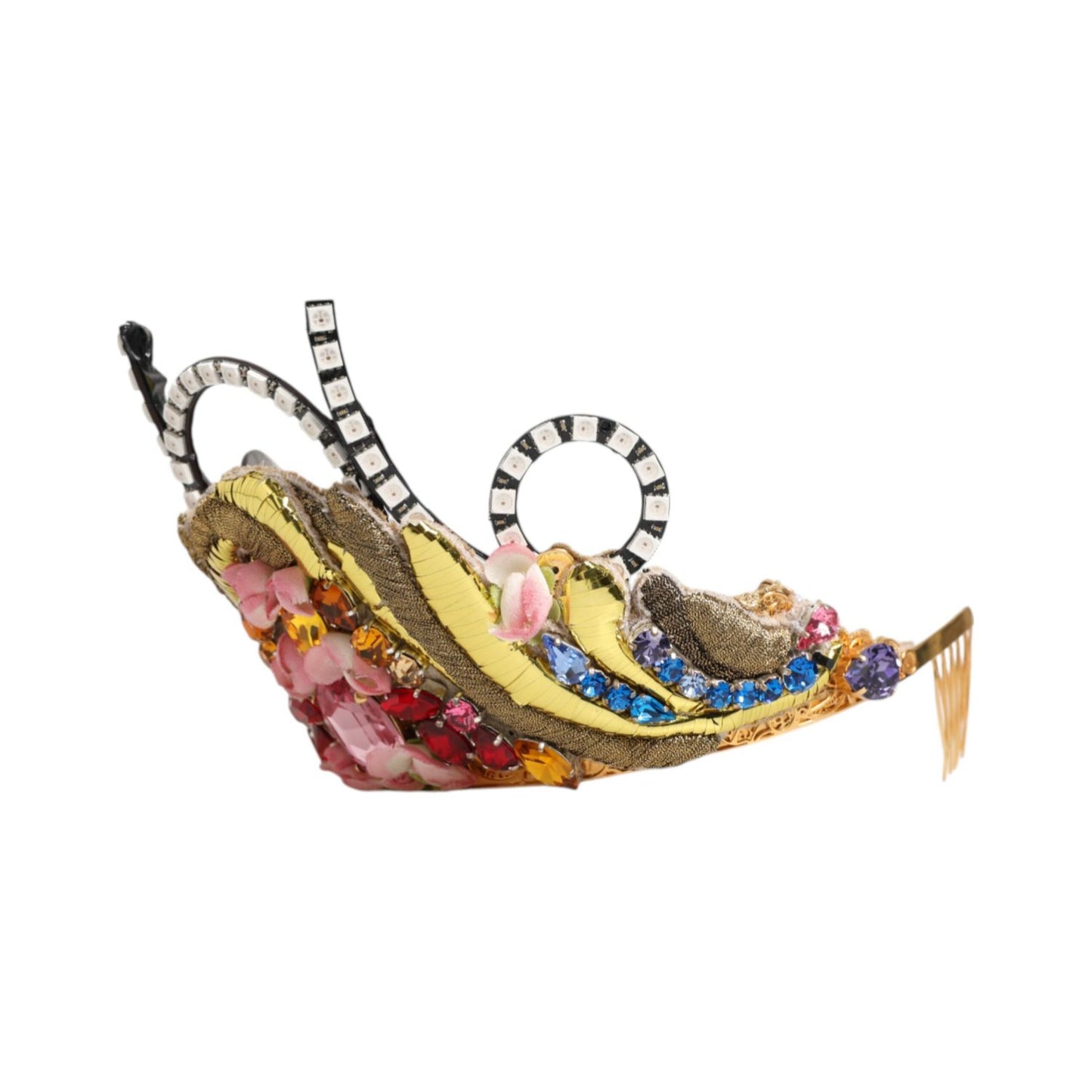 Dolce & Gabbana Gold Brass Crystal Embellished Headpiece Crown Tiara with multicolor crystals, floral appliqués on white background