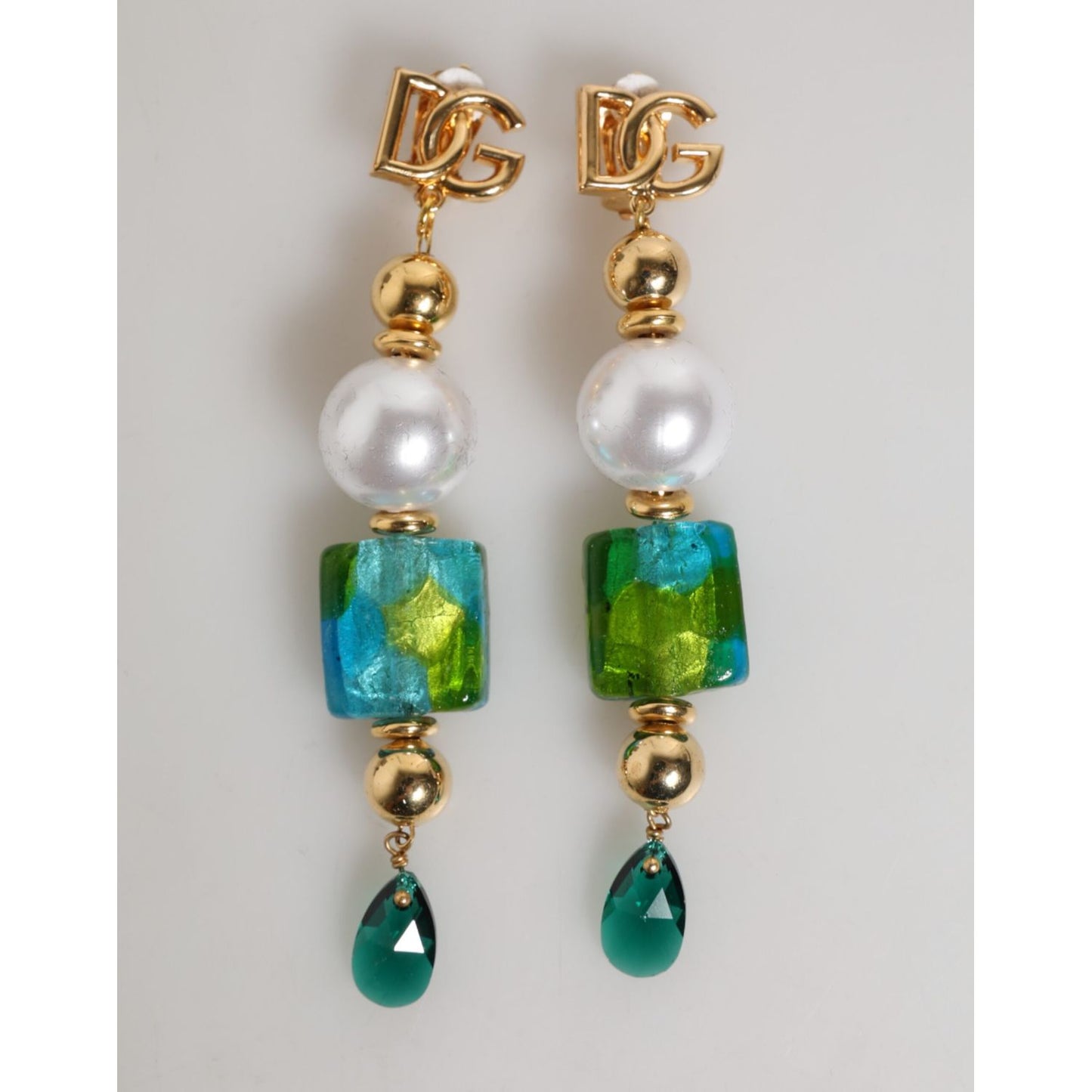 Dolce & Gabbana Gold Brass Multicolour Pearl Green Blue Drop Logo DG Earrings with pearls, Murano glass, and crystal drops.