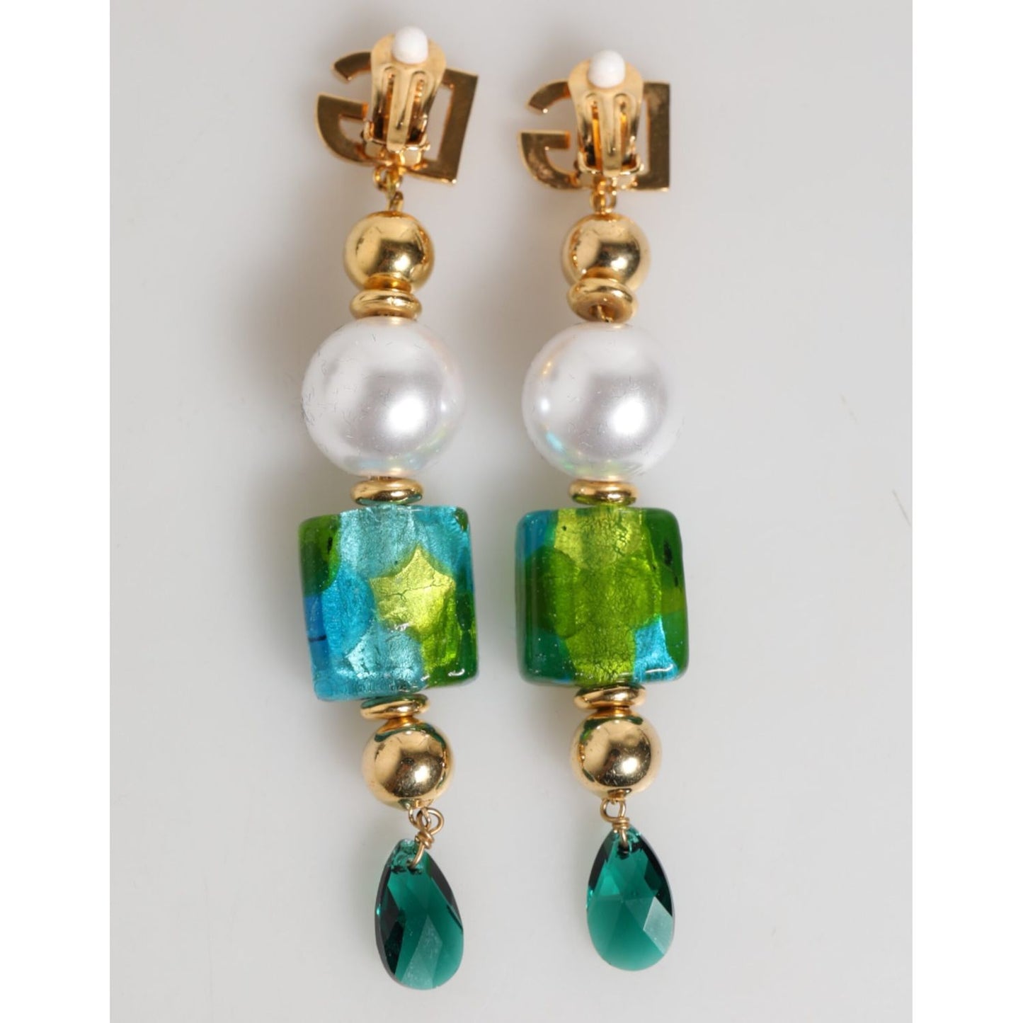 Dolce & Gabbana Gold Brass Multicolour Pearl Green Blue Drop Logo DG Earrings with pearls, Murano-style glass, and crystal drops.