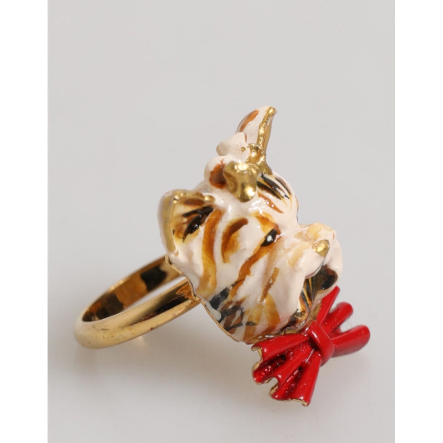 Dolce & Gabbana Gold Brass Resin Beige Dog Pet Accessory Ring with dog head design and red bow, women's fashion ring made in Italy.
