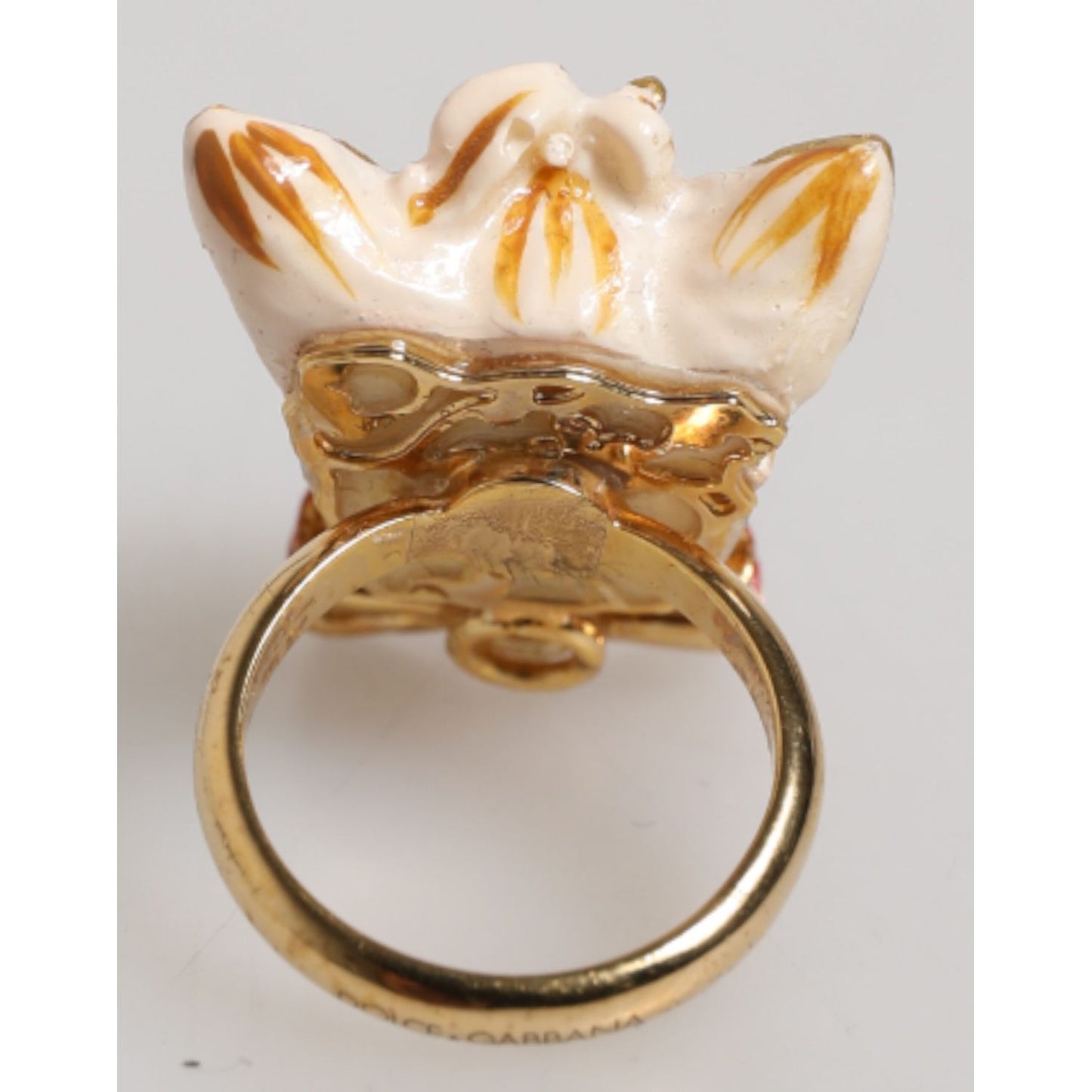 Dolce & Gabbana Gold Brass Resin Beige Dog Pet Accessory Ring, women’s dog head design, luxury fashion, authentic with logo details.