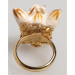 Dolce & Gabbana Gold Brass Resin Beige Dog Pet Accessory Ring, women’s dog head design, luxury fashion, authentic with logo details.