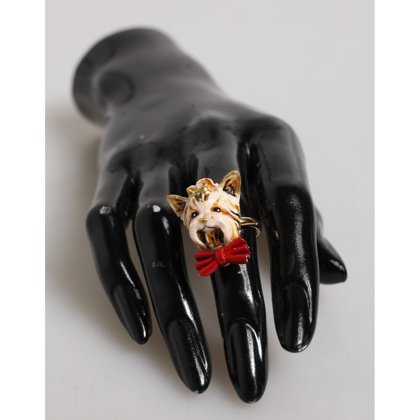Dolce & Gabbana Gold Brass Resin Beige Dog Pet Accessory Ring on Mannequin Hand