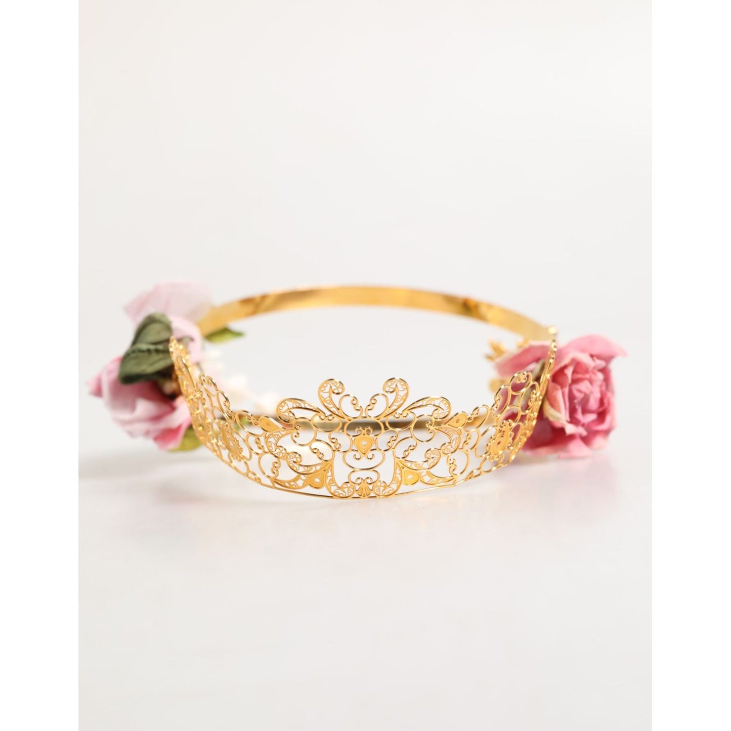Dolce & Gabbana Gold Floral Tiara Pink Roses Crystal Crown Headband with gold filigree and pink fabric flowers, perfect for weddings.