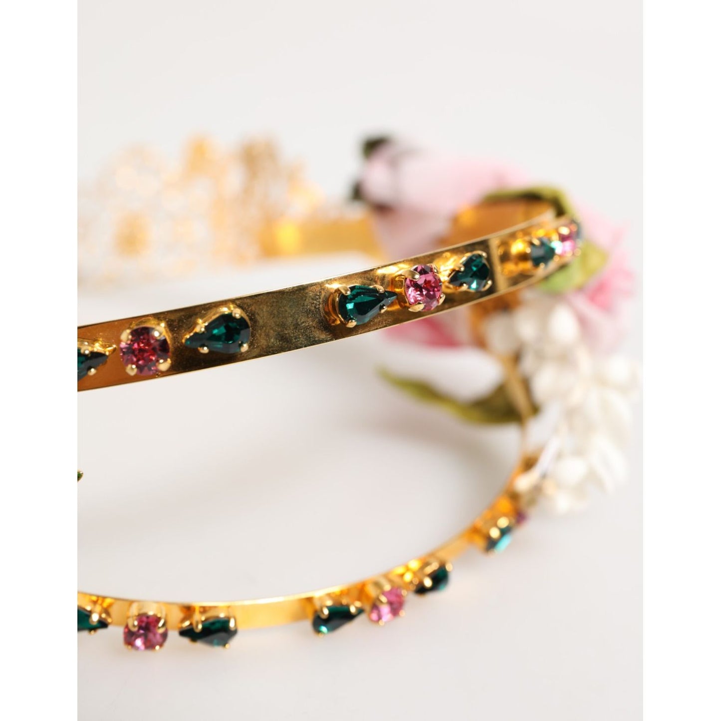 Dolce & Gabbana Gold Floral Tiara Pink Roses Crystal Crown Headband with intricate details of gold-tone brass and pink floral embellishments