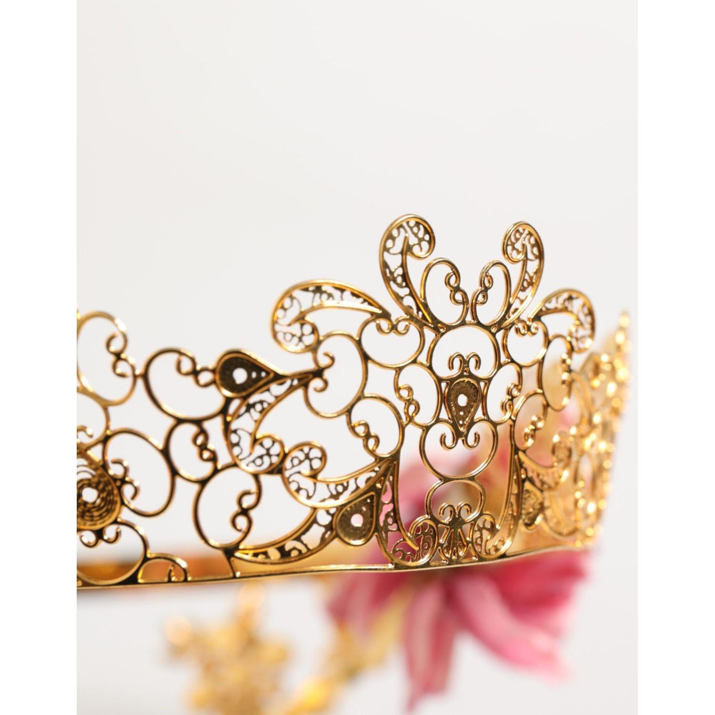 Dolce & Gabbana Gold Floral Tiara Pink Roses Crystal Crown Headband with intricate gold filigree and soft pink and white roses.