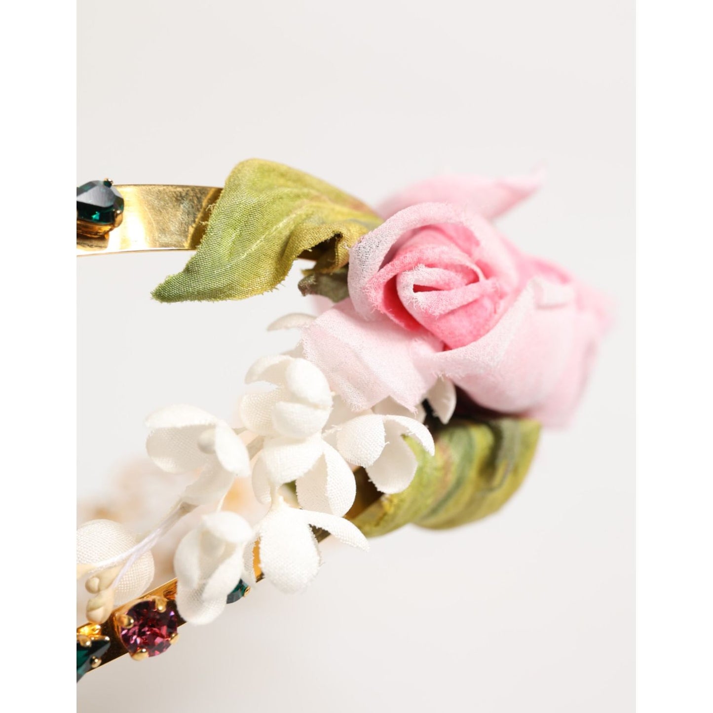 Dolce & Gabbana Gold Floral Tiara Pink Roses Crystal Crown Headband with pink and white fabric flowers.