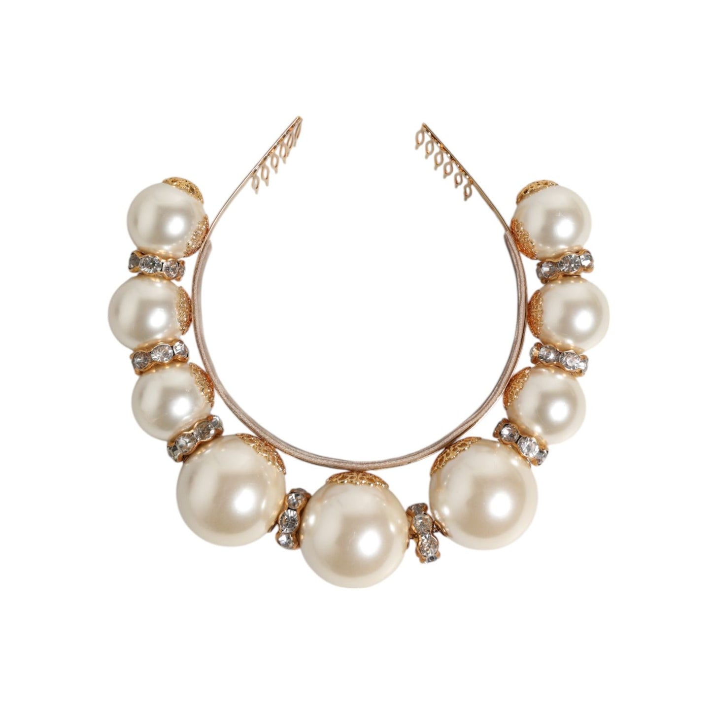 Dolce & Gabbana Gold Pearl Crystal Embellished Tiara Hair Accessory Headband with oversized pearls and crystals.