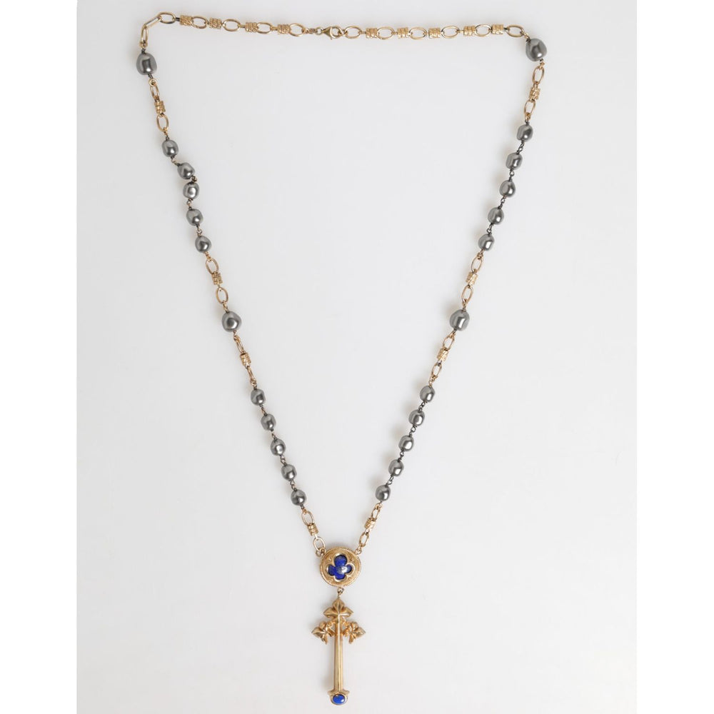 Dolce & Gabbana Gold Tone Beaded Chain Religious Cross Necklace