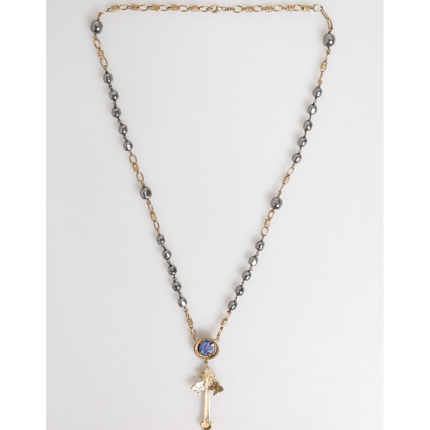Dolce & Gabbana Gold Tone Beaded Chain Religious Cross Necklace