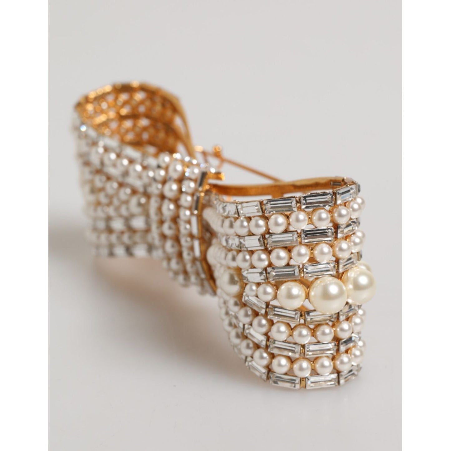 Dolce & Gabbana Gold Tone Brass Bow Crystal FauxPearl Embellished Brooch with logo detail, replaced stones, 4.5cm, made in Italy