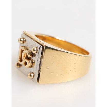 Dolce & Gabbana Gold Tone Brass Signet Square DG Logo Plaque Men Ring